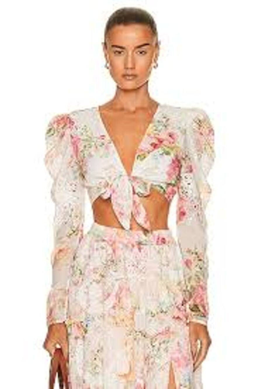Hemant & Nandita "Anka" White Pink Floral Embroidery Tie Front Cotton Blouse XS